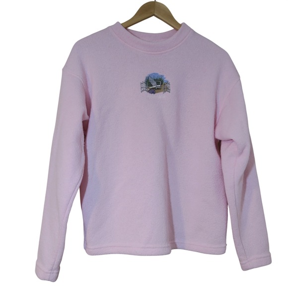 Exist Sports Line Tops - Pink Pullover Sweater Fleece Beach Embroidered Casual Comfy Vacation